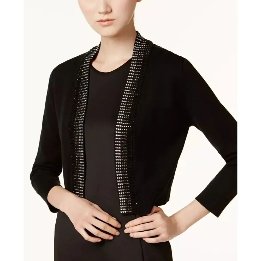 Calvin Klein Beaded-Trim Cropped Shrug Cardigan Sweater Black Size XL